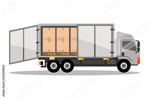 A vector illustration of a delivery truck with open doors revealing stacked boxes inside, symbolizing transportation and logistics.