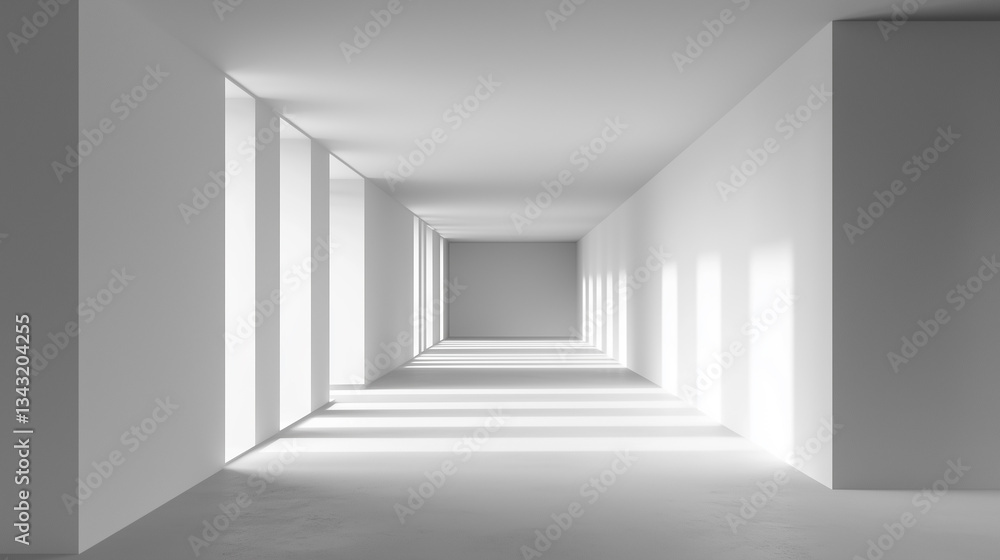 Fototapeta premium Abstract white architectural corridor, light and shadow play, minimalist design