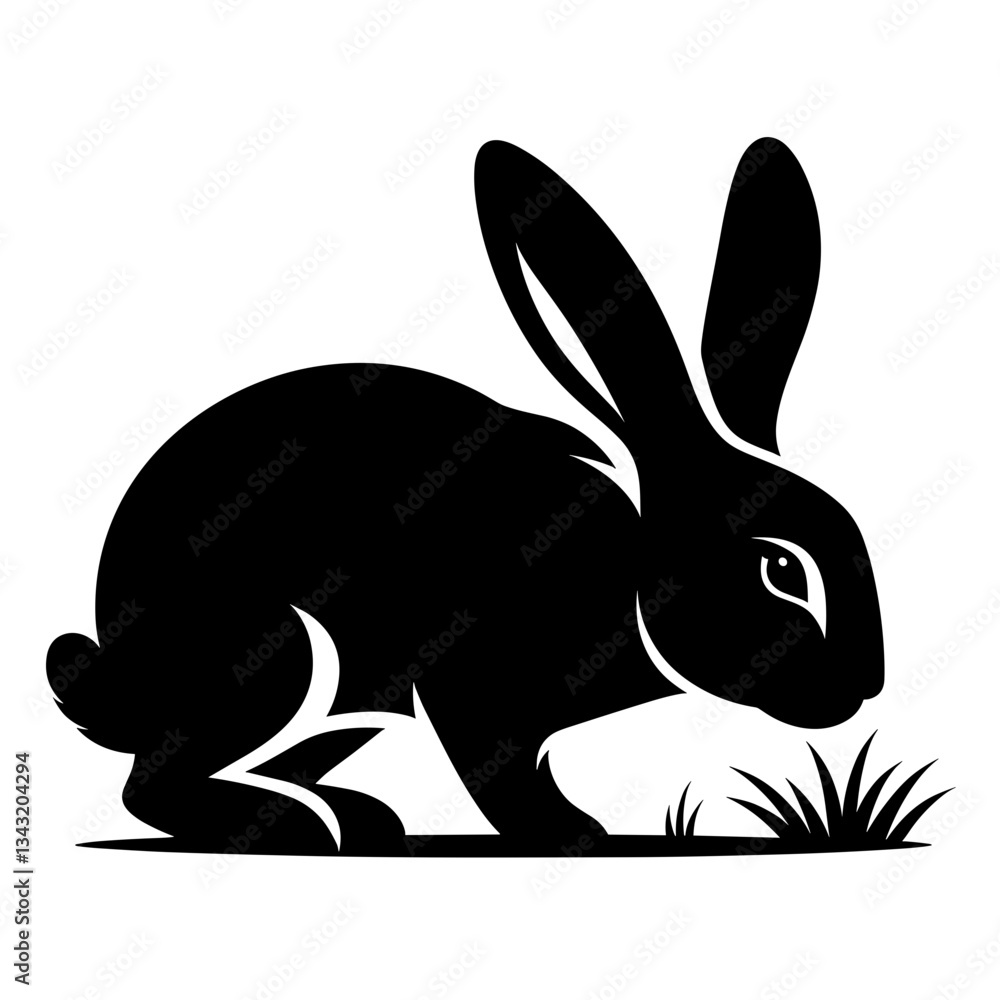 Fototapeta premium Rabbit eating grass silhouette on white background