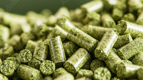 green pellet biomass, showcasing texture and detail, symbolizing a sustainable renewable economy and eco-friendly future.