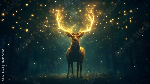 A mystical deer with glowing antlers standing in the middle of an enchanted glade.
