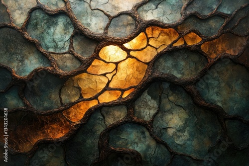 Abstract artwork depicting a glowing, amber-toned core within a dark, textured stone-like structure resembling roots or veins.