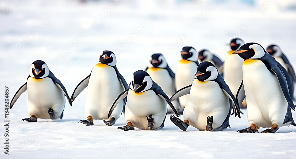 Obraz premium A group of playful penguins sliding on ice, with a large, clear area of snow 