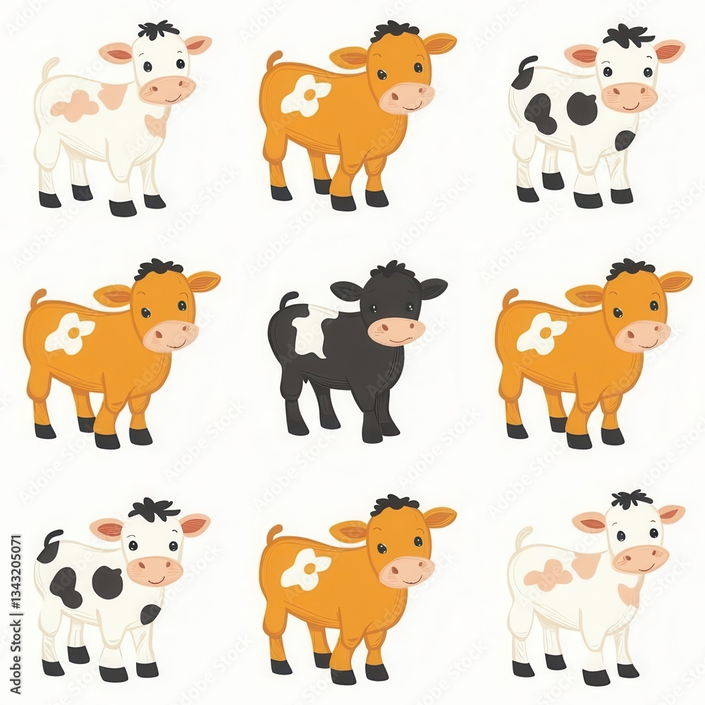 Obraz premium Playful Cow Pattern – Cute Cartoon Farm Animal Illustration in Grid Layout