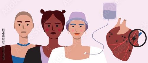 Cancer patients silhouettes and cancer ribbon, silhouette vector stock illustration with unidentifiable people together as a template with space for text or copy space
