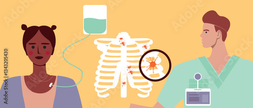Oncologist doctor and cancer patient, flat vector stock illustration with doctor and bone cancer