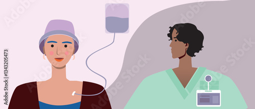 Senior cancer patient with alopecia, consultation with doctor, flat vector stock illustration with visit to oncologist
