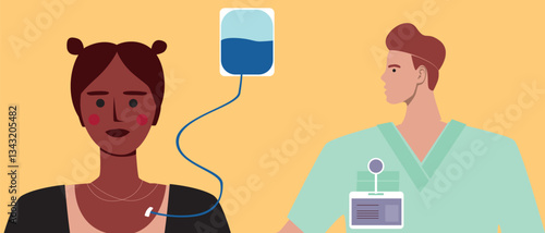 BIPOC cancer patient consultation with doctor medical and chemotherapy flat vector stock illustration