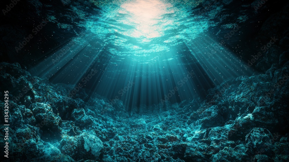Fototapeta premium Deep Ocean Scene Sunbeams Rocks Underwater Landscape