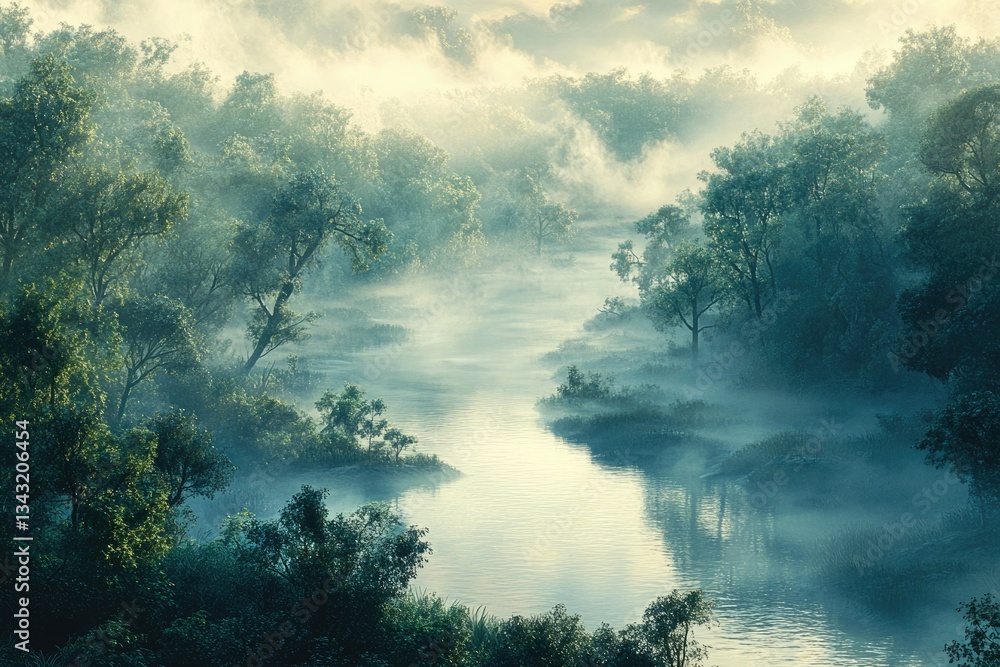 Serene river meandering through a misty, lush green forest at dawn. Serene river meandering through a misty, lush green forest at dawn.