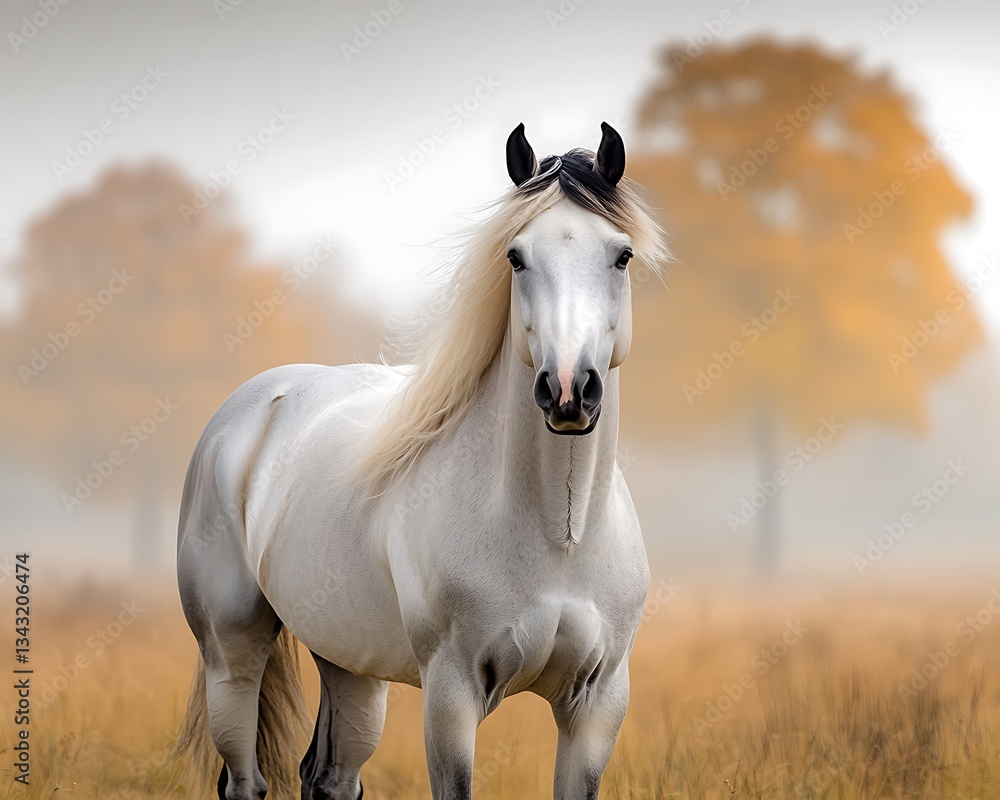 Fototapeta premium Majestic white horse in autumnal field