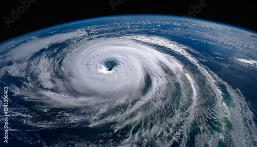 A breathtaking view of a hurricane from space, showcasing its perfectly formed eye at the center, surrounded by swirling clouds and intense winds over the vast, deep blue ocean.