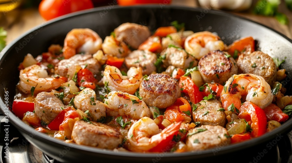 Fototapeta premium Scooping hot jambalaya with a hand from a large pot containing rice and spices