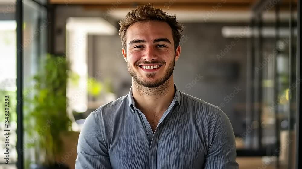 Young man smiling confidently in a modern office setting with greenery in the background Young man smiling confidently in a modern office setting with greenery in the background