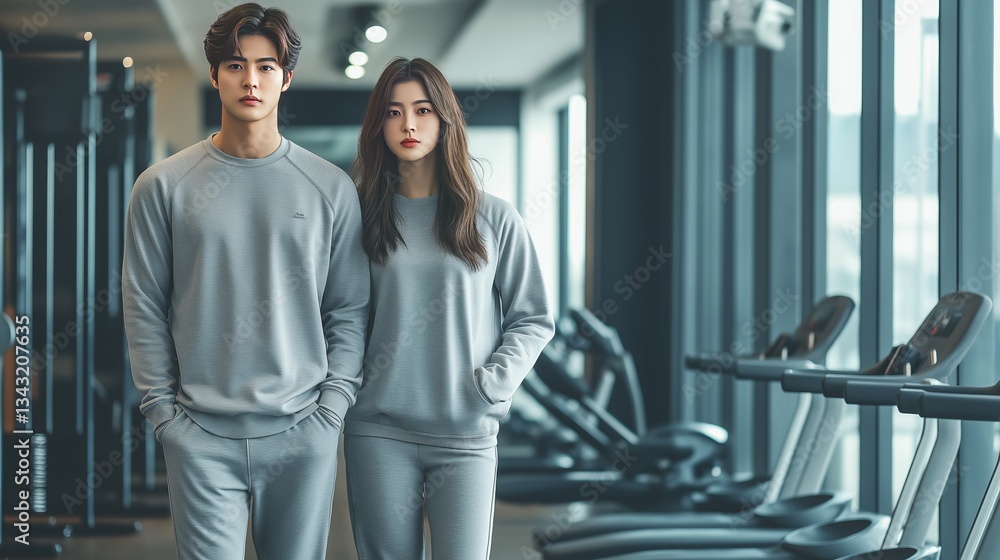 Obraz premium Stylish Couple in Grey Athletic Wear Fitness Gym Fashion Modern Activewear Sporty Couple Workout Clothes Healthy Lifestyle man 