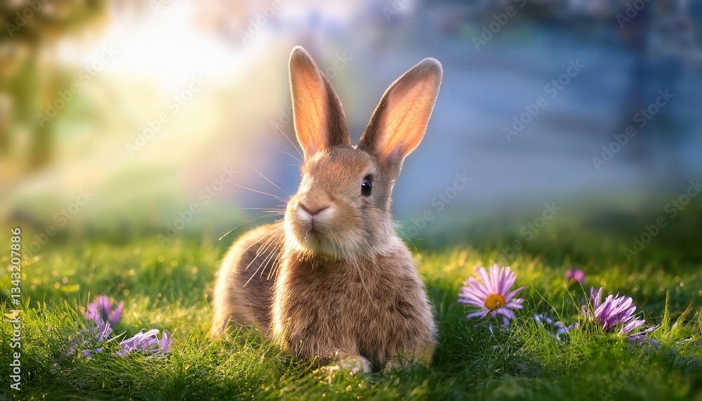 Fototapeta premium Firefly-sized rabbit sitting on green grass surrounded by flowers and soft morning light in a serene outdoor setting