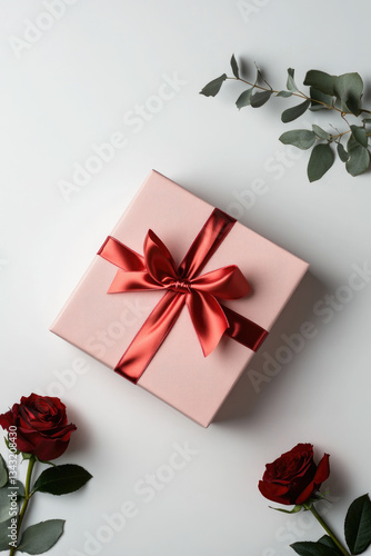 Light pink gift box with red satin bow and red roses on white background