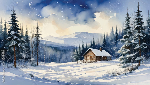 A snowy landscape watercolor with a cabin in the middle.