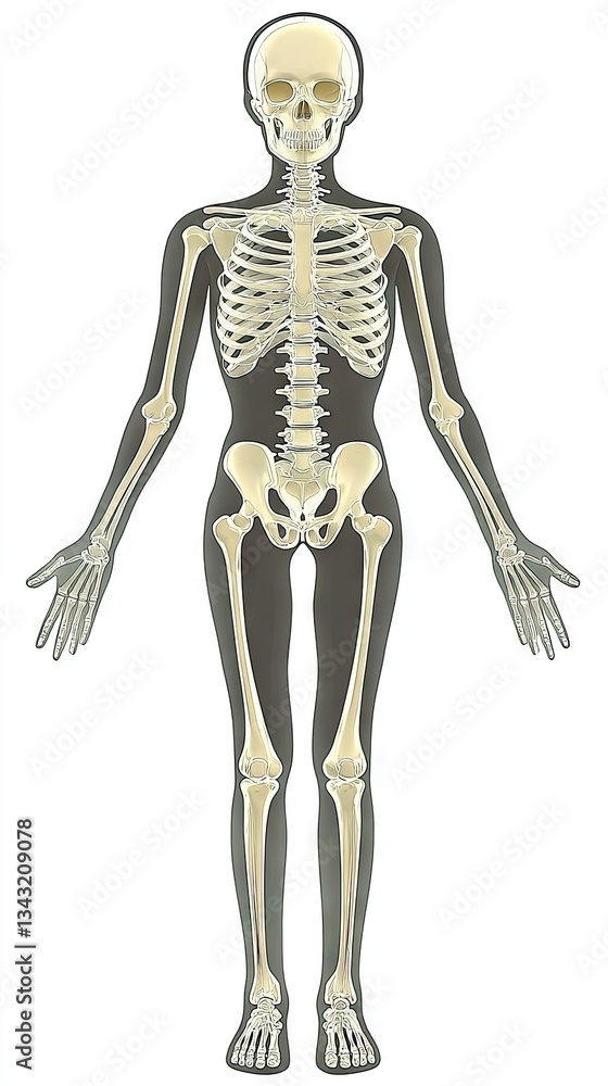 Human skeleton diagram, front view, anatomical illustration, educational resource Human skeleton diagram, front view, anatomical illustration, educational resource