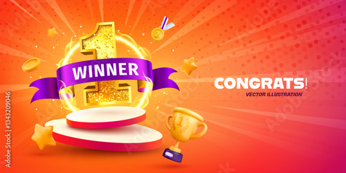 1 place competition. Success, victory, achievement. Golden number one with a winner ribbon on a glowing podium, surrounded by a trophy, medals, and stars. Perfect for sports, business, and competition