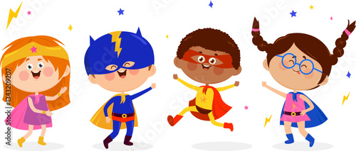 Happy Super hero children, girl and boys. Cartoon kids in carnival uniforms and masks. Characters set. Strong active kids with super powers in super hero costumes and capes. Vector illustration