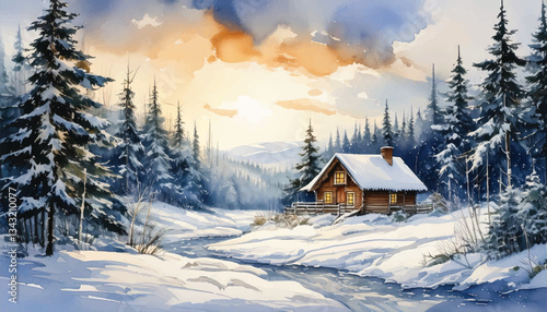 A snowy landscape watercolor with a cabin in the middle.