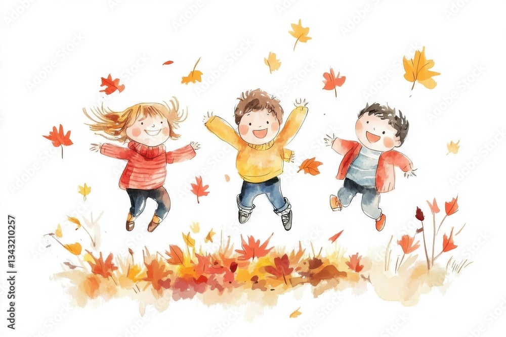 Fototapeta premium Three joyful children jump in a swirl of colorful autumn leaves, celebrating the beauty of fall with laughter and delight.