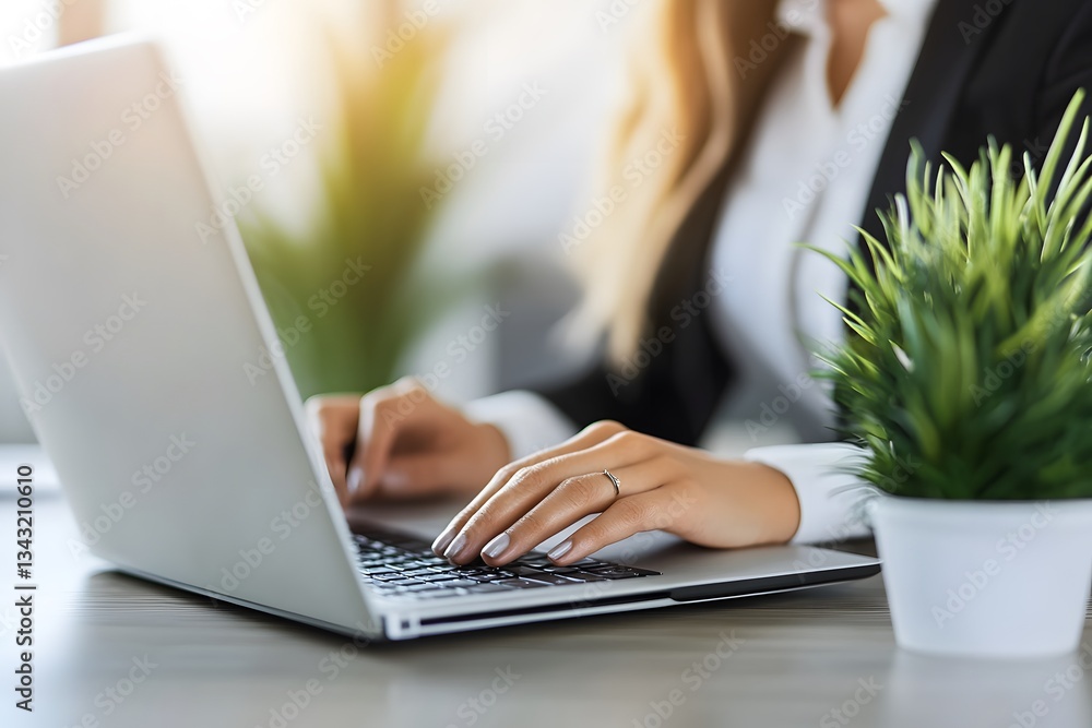 Fototapeta premium Woman s Hands Typing on Laptop Modern Office Workspace Green Plant