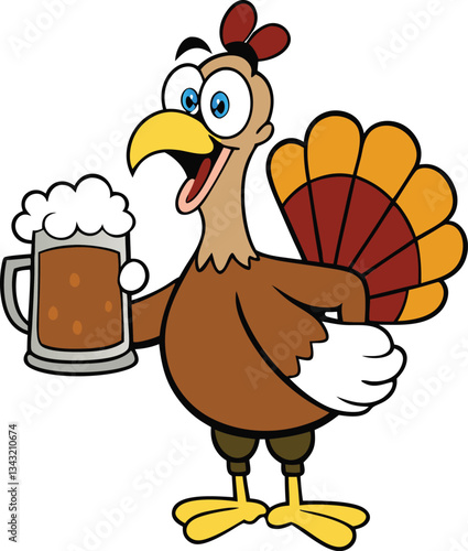 A fun and quirky turkey holding a beer mug, full of personality and festive cheer. Perfect for a playful logo or design celebrating Thanksgiving and good times with friends!
