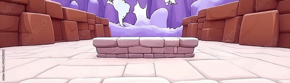Fantasy Stage 3D scene of a stone hall with clouds visible beyond, can be used as a backdrop