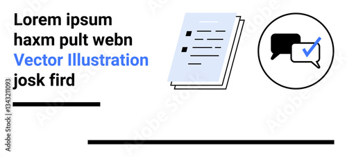 Stack of documents beside speech bubble with checkmark, representing content review, communication, and validation. Ideal for business, collaboration, documentation, feedback, approval tutorials