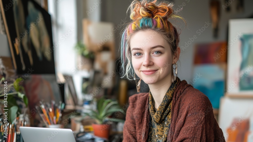 Obraz premium Creative Woman with Colorful Hair Working on Laptop in Art Studio Surrounded by Artwork