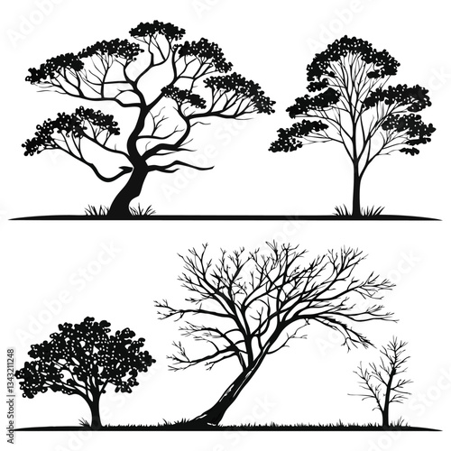 tree silhouette and Tropical leaves vector isolated on white background.