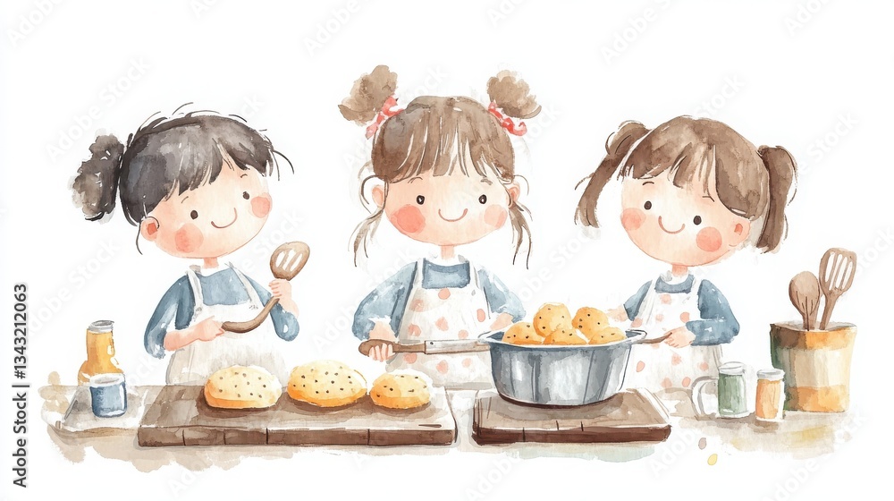 Three cheerful girls in aprons bake cookies together, sharing joy and creativity in a cozy kitchen setting. Three cheerful girls in aprons bake cookies together, sharing joy and creativity in a cozy kitchen setting.