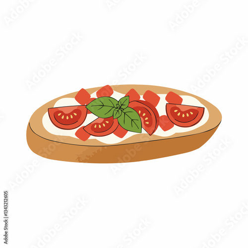 Freshly made pizza topped with tomatoes and basil on a white background