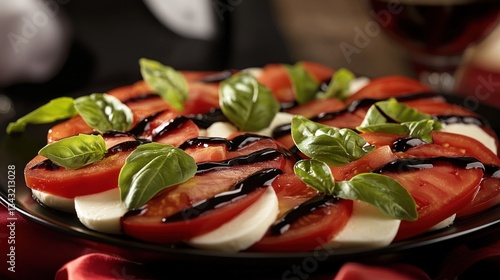 Caprese salad with balsamic glaze, fresh tomatoes, mozzarella, and basil.