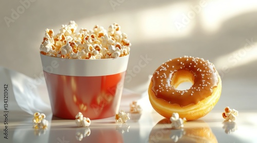 Caramel popcorn bucket and glazed donut.
