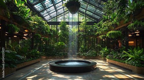 A stunning atrium with hanging plants, a glass ceiling, and a central fountain bubbling gently