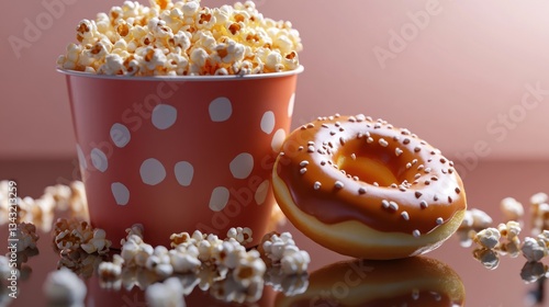 Caramel popcorn in a polka dot bucket and a caramel donut.