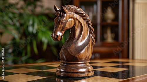Carved wooden chess knight piece on board.