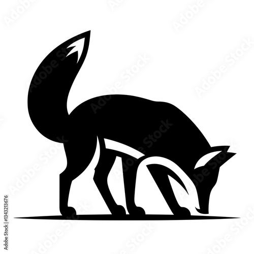 Fox sniffing ground silhouette on white background