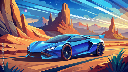 Electric supercar in natural desert environment. Blue vehicle on desert road. Future of sustainable luxury transport
