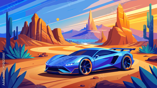 Electric supercar in natural desert environment. Blue vehicle on desert road. Future of sustainable luxury transport