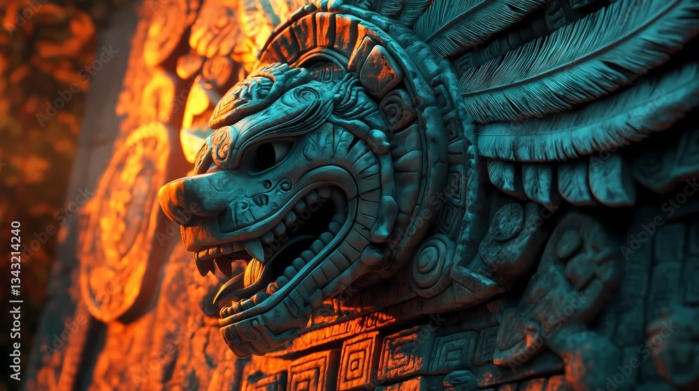 Obraz premium Aztec Jaguar Deity Art – AI-Generated Mesoamerican Conservation, Feathered Serpent Wildlife Poster
