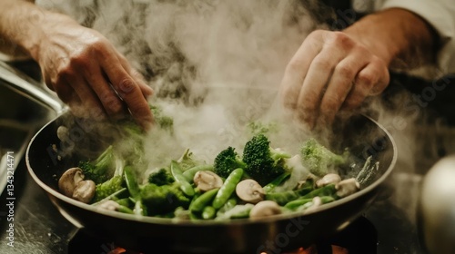 Chef steaming broccoli, mushrooms, and green beans in a wok.