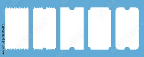 Set of ticket mockups. with ruffle edges. Small vertical empty templates. Concert, movie or theater ticket. Boarding blank, lottery, sale coupon. flat vector illustration design.