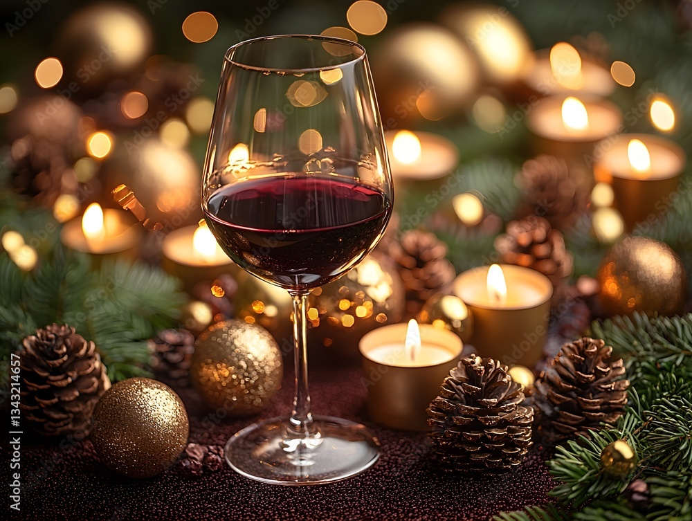 A cozy and luxurious holiday scene with a glass of red wine and festive decor A cozy and luxurious holiday scene with a glass of red wine and festive decor