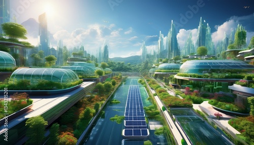 A futuristic city with advanced climate adaptation technology—green rooftops, solar panels, sustainable architecture, and eco-friendly transportation systems