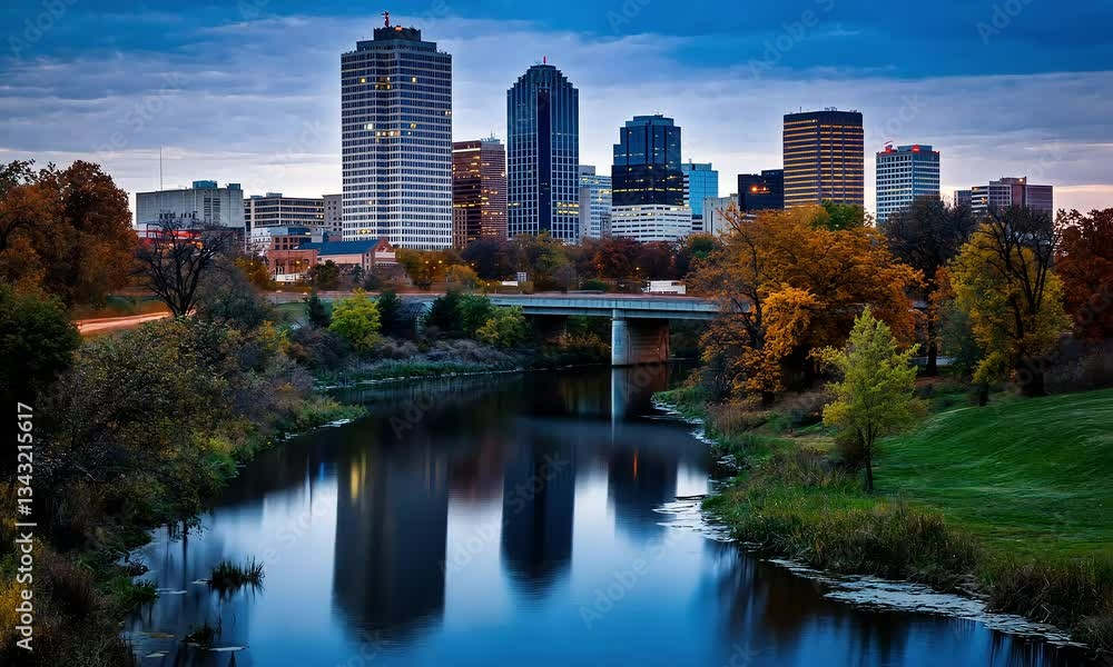 Stunning Urban Skyline Reflection at Sunset with Colorful Trees and Calm River Waters in the Heart of a Metropolitan City Landscape Stunning Urban Skyline Reflection at Sunset with Colorful Trees and Calm River Waters in the Heart of a Metropolitan City Landscape