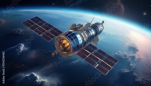 A futuristic AI weather satellite orbiting Earth, scanning the atmosphere for storm formations, with advanced sensors and glowing data streams